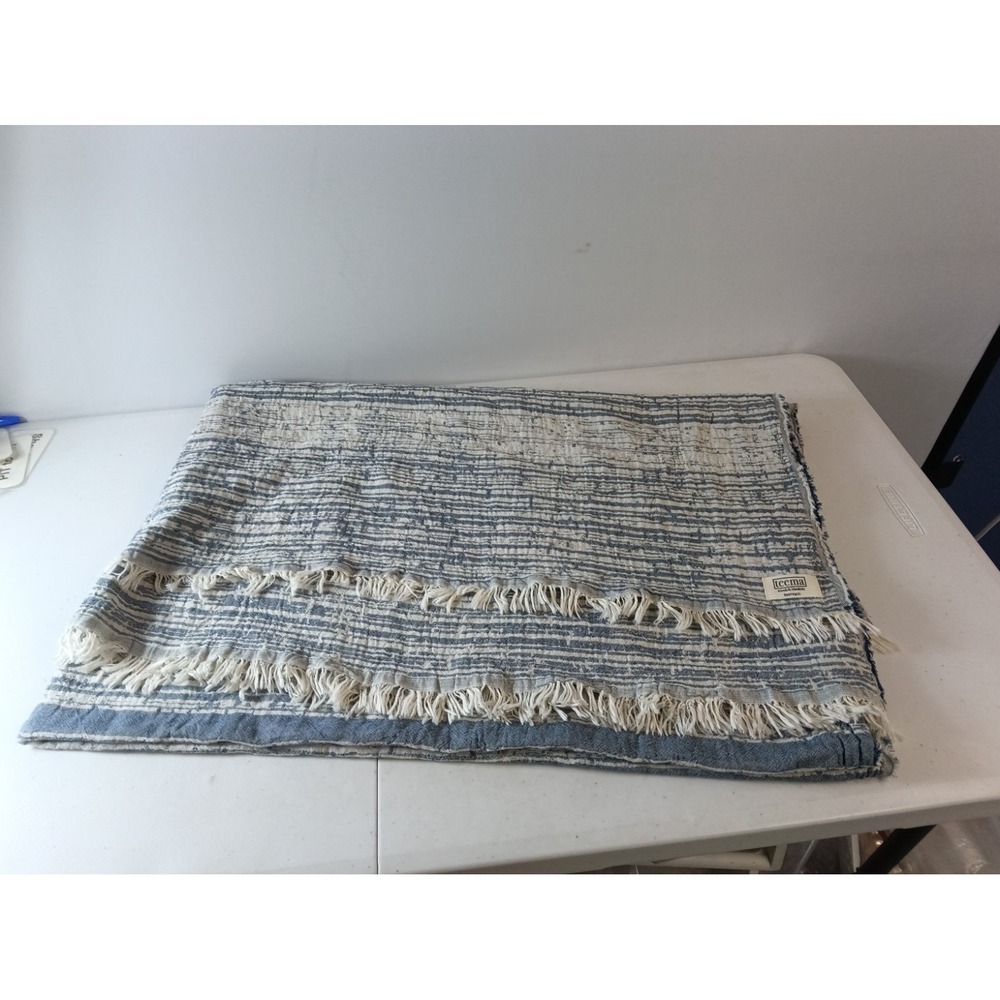 Teema Blue print Tassel Towel throw blanket 100% Turkish Cotton 68" x 58" Beach
